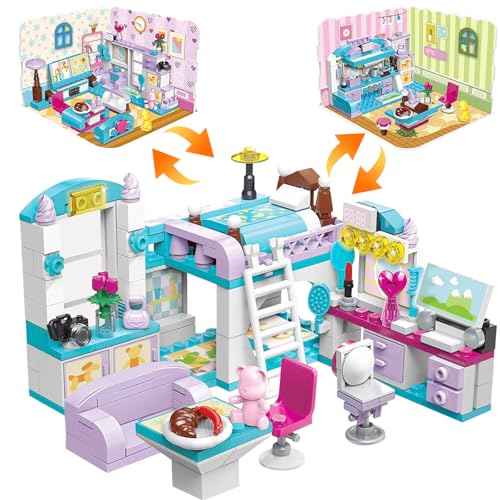 3-in-1 Baustein-Haus für Mädchen ab 6 Jahren, Kreatives Lernspielzeug mit Schlafzimmer, Wohnzimmer und Küche, 194 Teile mit 3 Bauweisen, STEM Spielzeug zur Förderung von Feinmotorik und Kreativität