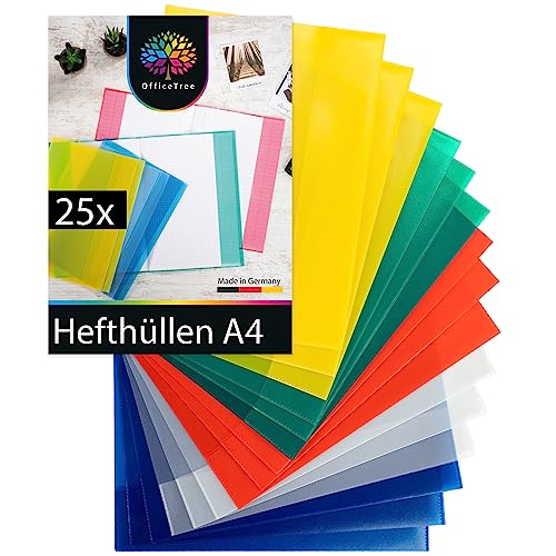 OfficeTree 25x Hefthüllen A4 Bunt - Heftumschläge A4 Bunt - Umschläge A4 Heft - Heftschoner DIN A4 - Heftumschlag A4 - Hefthülle A4 - Umschläge für Schulhefte - Dokumentenecht - Made in Germany