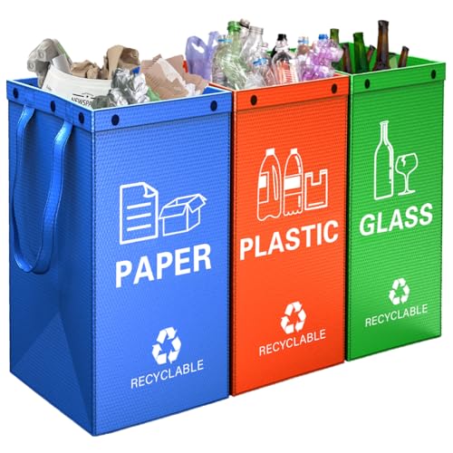 KAOHONG Mülltrennsystem Taschen 3 Fächer für Plastik, Glas, Papier Perfekt als Mülltrenner, Pfandflaschen Aufbewahrung, Recycling-System Organizer, Altpapier-Sammler für Küche, Haushalt, Büro