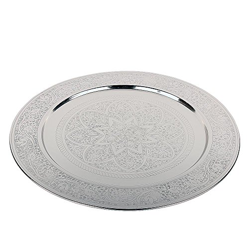 albena shop Orientalisches Tablett aus Metall OLIM Ø 60cm silber b-Ware | 2.Wahl dekorativer Metallteller mit kleinen Fehlern | Marokkanisches Teetablett | Dekoteller rund für Kerzen