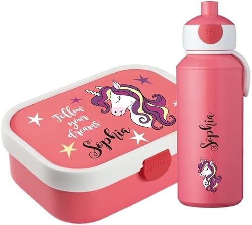 4youDesign Mepal Bento Box & Trinkflasche Set personalisiert follow you dreams pink – Geschenk für Kinder Weihnachten, Nikolaus, Geburtstag – Auslaufsicher – Brotdose 750ml, 400ml Flasche