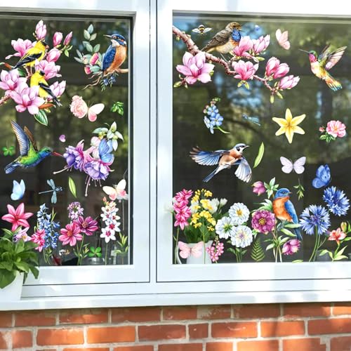 Fensterbilder Frühling Deko Selbstklebend 9 Blatt, Fenstersticker Frühling Selbstklebend Frühling Fensteraufkleber Vogel Blumen Fensterdeko, Fensterbilder Kinder Kinderzimmer