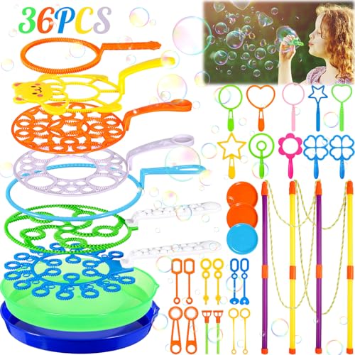 KDISHKRA 36 Stück Seifenblasen Set für Kinder – Große Seifenblasen Spielzeug mit Seifenblasenstab & Stäbe – Perfekt für Outdoor Party, Garten, Kindergeburtstag, Hochzeit & Riesenseifenblasen Spaß