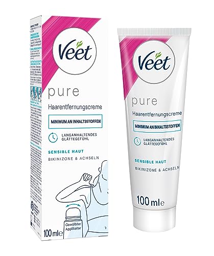 Veet PURE Haarentfernungscreme – Für sensible Haut geeignet – Anwendung für Bikini & Achseln - 100 ml Tube mit gewölbtem Applikator und Spatel