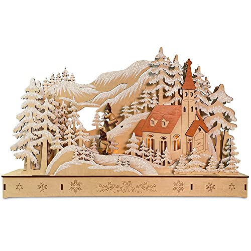 Riffelmacher&Weinberger Schwibbogen Kirche mit Schlittenbahn 44 x 29 cm - LED Fensterleuchter mit Timer | 76039
