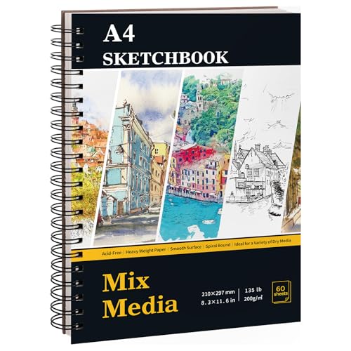 Skizzenbuch A4, Sketchbook 200g/m² Skizzenblock Zeichenblock mit Spiralbindung Hardcover Dickes Papier für Künstler Kinder Studenten(60 Bögen)