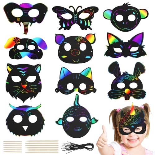 24 Stück Kratzbilder Masken für Kinder, 12 Tiere Scratch Painting Art Masken, Magische Kratzmasken, Regenbogen Kratzpapier Set mit 24 Elastischen Kordeln 12 Holzstiften für Kindergeburtstag Spiele