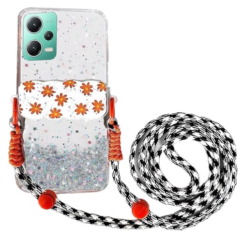 Miagon Handykette Hüll für Xiaomi Redmi Note 12 5G Glitzer Durchsichtig Case mit Universal Blume Telefon Clip Kordel zum Umhängen Handyanhänger Halsband Lanyard