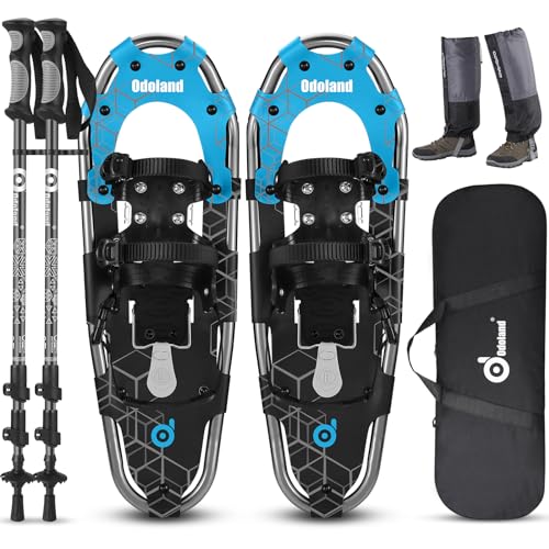 Odoland Schneeschuhe mit Steighilfe Allround 4 IN 1 für Damen und Herren mit Wanderstöcken, Wasserdichten Gamaschen und Tragetasche, ab Schuhgröße 25 INCH Blau + Schwarz