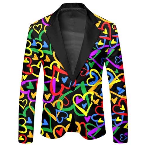 Beokeuioe Regenbogenfarben Herz Druckt Blazer Funky Sakko Männer Anzugjacke Herren Freizeit Smokingjacke Festliche Hochzeit Karneval Party Frackjacke Regular fit Business Jacke