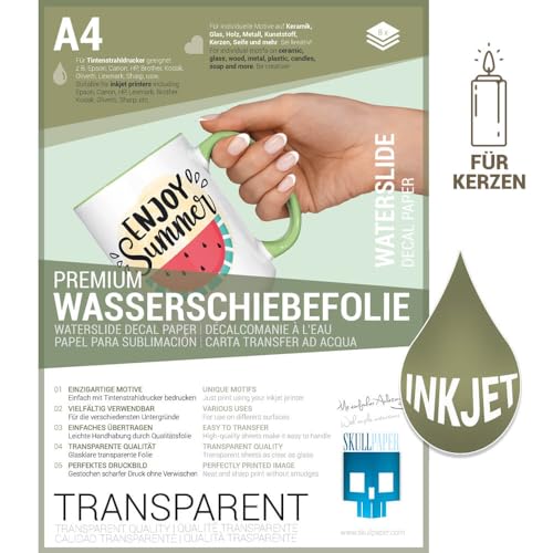 SKULLPAPER® Wasserschiebefolie TRANSPARENT für Tintenstrahldrucker - hauchdünn DIY Decal Abziehbild - Nassschiebefolie für Keramik, Glas, Kerzen, Metall, Kunststoff, Modellbau (A4-8 Blatt)
