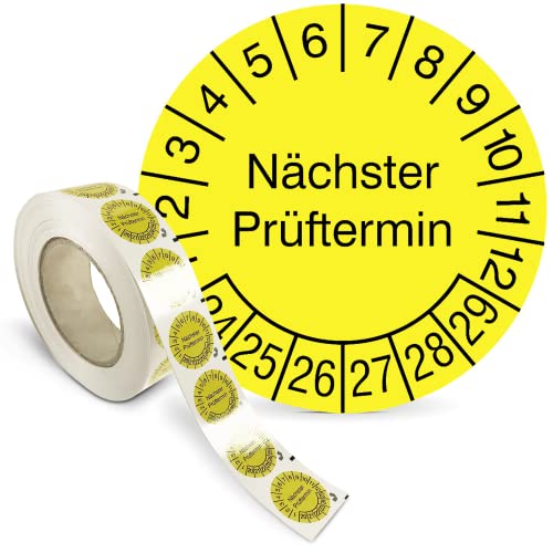 Prüfplakette „Nächster Prüftermin“ - Rolle mit 1000 Stück - Jahre: 2024 – 2029 - PVC-Folie, selbstklebend Ø 3,0 cm - Mehrjahresprüfplakette- gelb/schwarz - Prüfetiketten - Betriebsausstattung24®