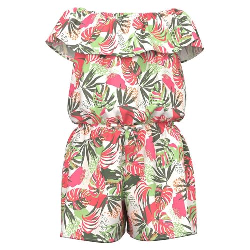 NAME IT Mädchen NKFVINAYA SS Playsuit FFFFF NOOS Jumpsuit, Bright White/Print:Tropical, 122 cm