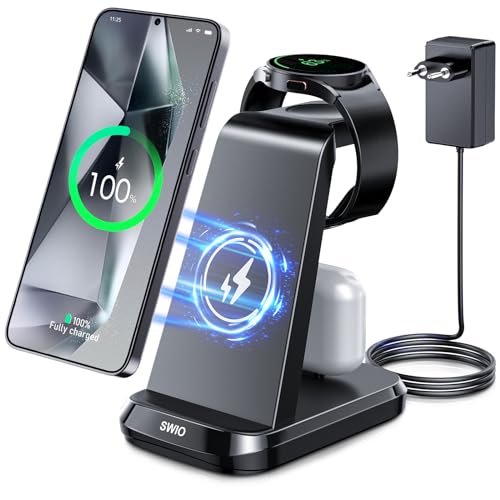 SWIO 3 in 1 Induktive Ladestation kompatibel mit Samsung Watch und Handy,Wireless Charger für Galaxy Watch 7/Ultra/6/5/4/3,Galaxy S24 S23 S22 S21 S20/Note 20 10/Z Fold 4 3(Nicht für Z Flip&A Serie)