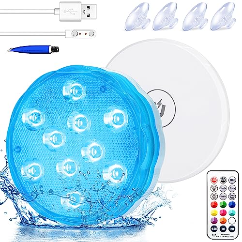 Idealife Wiederaufladbar Poolbeleuchtung mit Eingebauter Batterie UnterwasserLicht mit Fernbedienung RF Magnet Saugnäpfe Wasserdichte LED Leuchten für Whirlpool Party Weihnachten Kürbis Halloween Deko