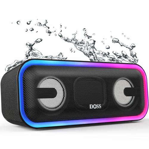 DOSS SoundBox Pro+ Bluetooth Lautsprecher mit IPX6 Wasserdicht, 24W Dualen Bass-Treibern, Stereo-Pairing, Bunten Licht, Musikbox Bluetoothbox für Draußen Strand, Zuhause, Garten -Schwarz