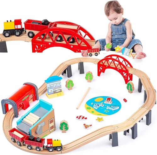 Green series Holzeisenbahn Set für Kinder - Eisenbahn Kinder | Spielzeug Zug, 48 Teilen, 213 cm lang | Holzzug, | Eisenbahn Holz | Model GS6151