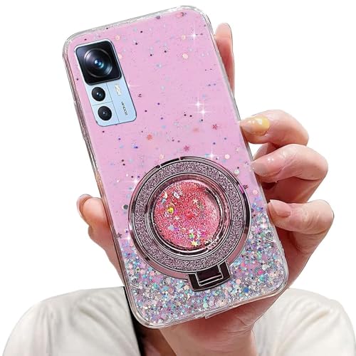 Tivenfezk Nadoli Sparkle Treibsand Ständer Hülle für Xiaomi 12T/12T Pro,Versteckt Ständer Ring Klar Glitzer Stern Handyhülle Durchsichtig Bling Schutzhülle Case Cover,Rosa