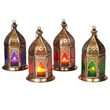 Orientalische Laternen 4 Set Laterne Basem bunt 16cm | 4 x Orientalisches Windlicht aus Metall & Glas als Ramadan Deko | Glaslaterne für draußen als Gartenlaterne in Rot - Lila - Grün - Orange