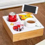 Yahbrra Couchbar Snackbox Couch Tablett Personalisiert: Silikon Sofa Tablett mit 360 Grad Drehbar Handyhalter Beistelltisch mit Holz Sofatablett mit Getränkehalter (Weiß-25 * 25 * 8cm)