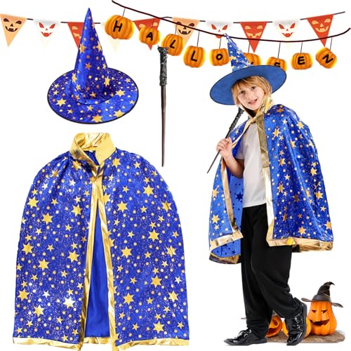 FainFun Hexenkostüm Kinder, Wizard Cape Witch Umhang mit Hut, Halloween Hexe Zauberer Umhang, Zauberer Umhang Schwarz, Filz-Bonbontüten, für Kinder Cosplay Party (Blau)