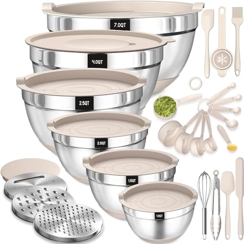 Terlulu Rührschüssel 6er Set, Edelstahl Schüssel Salatschüssel mit Luftdichtem Deckel & Silikonboden, 3 Reibenaufsätzen, Schüsselset zum Backen/Servieren, 6.6 L/3.8 L/2.4 L/1.9 L/1.4 L/0.6 L - Khaki