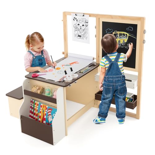 COSTWAY 6 in 1 Kinder Staffelei Set, Standtafel aus Holz mit doppelseitiger Kreidetafel & Whiteboard & Papierrolle, Kindertafel höhenverstellbar mit Bank, Ablagen für Kinder ab 3 Jahren (Kaffee)