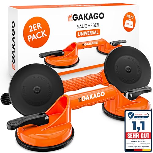 Gakago Saugheber (2er Pack) - Ergonomische & rutschfeste Sauggriffe - 120kg tragfähiger Vakuumheber für den Transport von Fliesen, Laminat, Scheiben und Glas als Glasheber, Glassauger, Glasträger