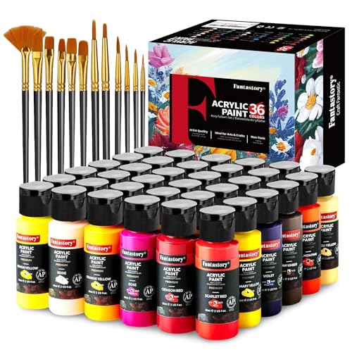 Fantastory Acrylfarben Set mit 36x60ml und 12 Pinsel,wasserfestes,nicht verblassendes,ungiftiges Acrylic Paint,geeignet für Leinwand, Holz, Keramik, Modelle,Stoffe; für Maler, Erwachsene,Kinder