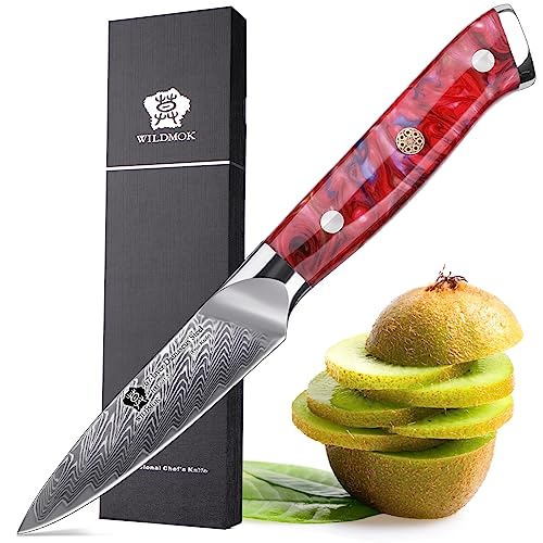WILDMOK Schälmesser, 8cm scharfes Obst Allzweckmesser Japanisches VG 10 Superstahl 67 Lagen Damaststahlmesser zum Schnitzen und Schälen luxuriöse Geschenkbox mit farbigem Holzgriff
