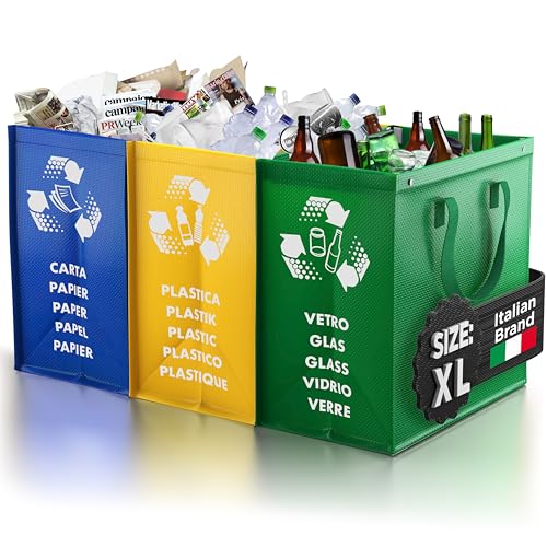 PTMS® Mülleimer 3 Fächer - Mülltrennsystem für Papier, Glas und Plastik - Umweltfreundliche Recycling Organizer Taschen aus sehr resistenten und wiederverwendbaren Materialien - Einfache Entleerung