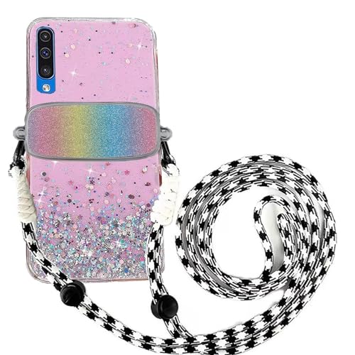 Tivenfezk Nadoli für Samsung Galaxy A70 Glitzer Handykette Hülle,Silikon Bling Durchsichtig Crossbody Tasche zum Umhängen Schutzhülle mit Telefon Clip Halter Band