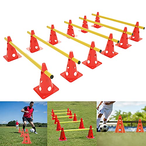 YRHome 6er Steckhürdenset Agility Ausrüstungs Set für Koordinationstraining, Hunde Set Agility Training Zubehör-12 Mehrzweckkegel & 6 Stangen Höhenverstellbar Multifunktionales Kombinationen