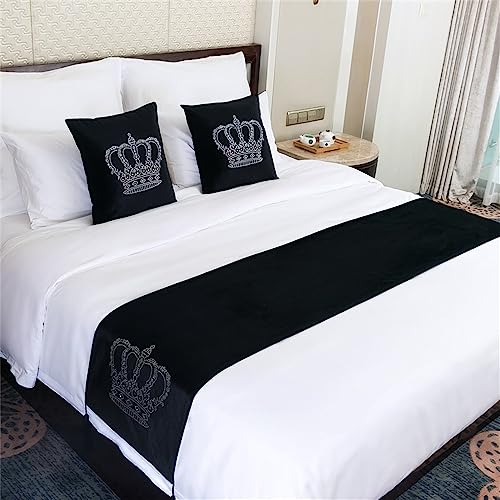 Morbuy Samt Moderne Hotel Bettläufer Schals Kronenmuster Weiche Bettschal Bettschwanz Handtuch Dekoration Für Einzel Queen King Size Bett Flagge (45 * 240cm für 180cm Bett,Schwarz)