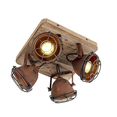 QAZQA - Industrie I Vintage I IndustrieSpot I Spotlight I Deckenspot I Deckenstrahler I Strahler I Lampe I Leuchte rostbraun mit Holz kippbar 4-flammig Spotbalken-Licht - Gina I Wohnzimmer I Schlafzim