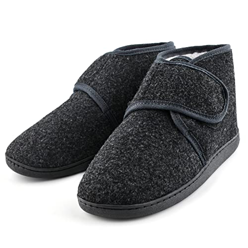 TIESTRA Warm Hausschuhe Herren Winter Kunststoffe Lammfell Diabetiker Hausschuhe Breiter Fuß Filzpantoffeln Mit Memory Foam Sohle, Filz Herrenhausschuhe Mit Klettverschluss Flach,Größe 42