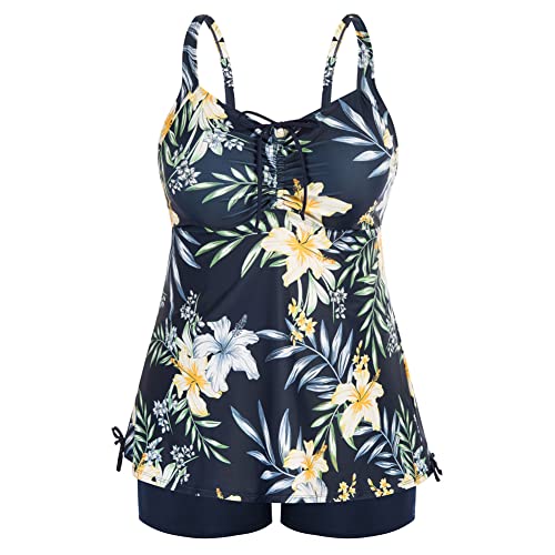 Hanna Nikole Tankini Oberteil Damen Große Größen Bauchweg Tankini Spaghetti Straps Bathing Suit Marineblaue & Gelbe Blume 54