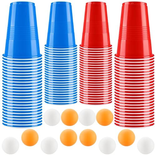 Bierpong Becher Set, Beer Pong Becher Enthält 100 Becher und 12 Tischtennisbälle, 500ML Beerpongbecher, Wiederverwendbare Partybecher für Weihnachten Party Geburtstag Festivals Hochzeit Camping