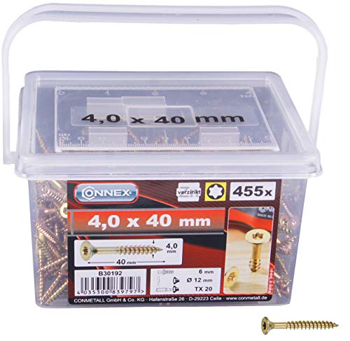 Connex Universalschrauben 4,0 x 40 mm - 455 Stück im Set - Senkkopf - TX-Antrieb - Teilgewinde - Gelb verzinkt / Schrauben-Set / Schrauben-Eimer / B30192