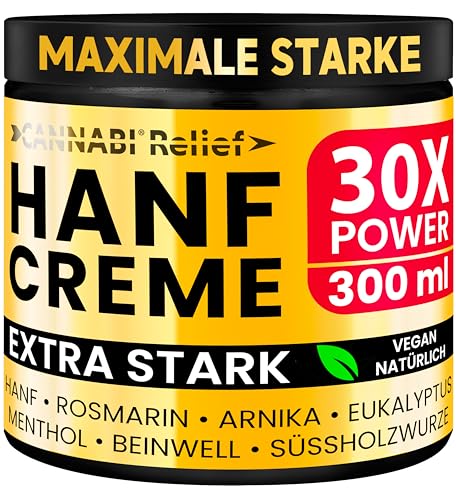 HANF CREME EXTRA STARK 300ml | Wirkt gegen Rückenbeschwerden & Muskelkater, beruhigt Füße, Knie, Nacken, Schultern | Hochdosiertes Hanf Gel und Arnikacreme | Arnika Hanföl Kampfer Menthol Rosmarin