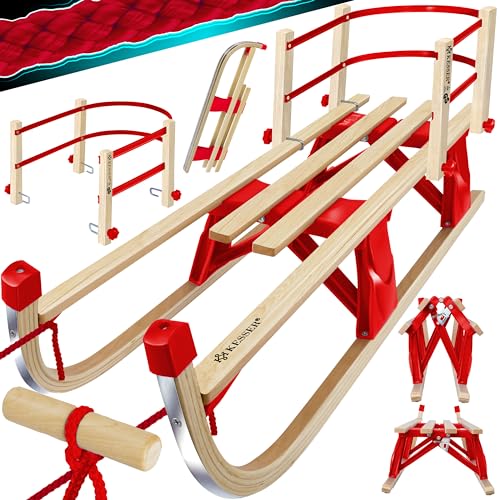 KESSER® Holzschlitten Premium Schlitten mit Rückenlehne faltbar Kinder Faltschlitten bis 120Kg Kinderschlitten 110cm aus Buchenholz lehne inkl. Zugseil Schieber Metallkufen