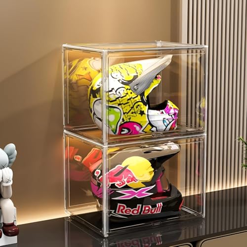 GUDEMAY XL transparente stapelbare Aufbewahrungsboxen mit Magnetverschluss - Staubdichte Aufbewahrung Vitrine Acryl Schaukasten für Helme, Figuren, Bücher, Kosmetik, Schuhe und Handtaschen