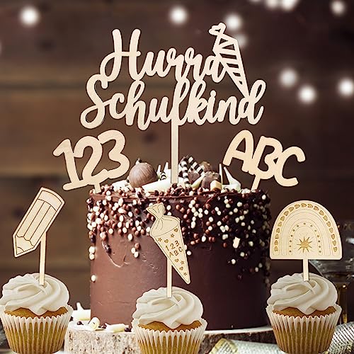 Tortendeko Einschulung, 6 STK Cake Topper Hurra Schulkind Holz Kuchendeko Schulanfang, Zuckertüte ABC 123 Kuchen Deko Schulkind 2023 Mädchen Junge Einschulung Geschenk