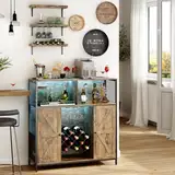 Redlife Weinschrank mit Ladesteckdose, Barschrank Vintage mit LED, küchenschrank & Sideboard mit Weinregal aus Metall, 6 Fächer, 108x39x111 cm (Rustikales Braun)