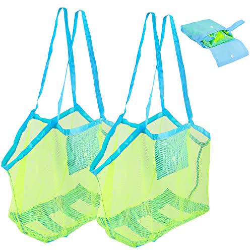 Strandspielzeug Tasche Groß, 2 Stück Strandtasche Netztasche für Sandspielzeug Wasserspielzeug, Wiederverwendbare und Faltbare Kinder Aufräumsack für Strand Picknick/Wäschesack/Familie Urlaub