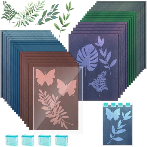 Annickee 30 Stück Cyanotypie Papier Kit, Sonnendruck Papier, Sonnendruckpapier Kit mit 4 Halteklammern, Naturdruckpapier, Solar Fotopapier Sun Art Paper Für Kinder Erwachsene Diy Zum Basteln
