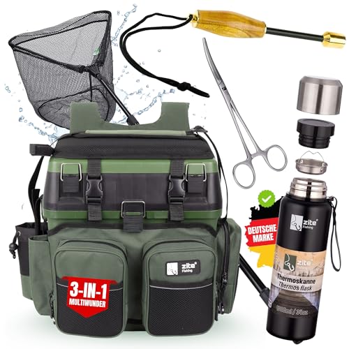 Zite Fishing Multi-Angelkoffer 3-in-1 Set | Angelrucksack + Kescher Gummiert + Hakenlöser + Fischtöter + Thermoskanne 1 Liter Doppelwandig | Angelzubehör Set | Sitzkiepe & Thermosflasche