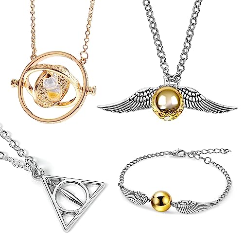 4 Stk Harry Potter Kette Hermine AnhäNger HeiligtüMer des Todes Goldener Schnatz KettenanhäNger Halsketten für Sammlung Cosplay Harry Potter Party Deko HeiligtüMer des Todes Kette