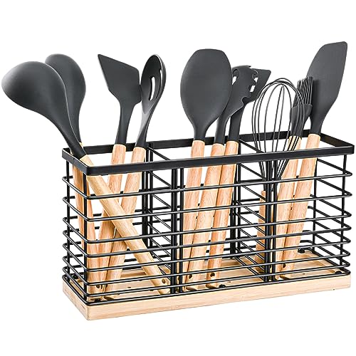 GYBOOM Utensilienhalter für Küchentheke, Küchenarbeitsplatte Utensil Organizer, große schwarze Edelstahl Utensil Schale mit hölzernen Basis, 3 Fächer Küchenutensilien Caddy für moderne Haus (Drei)