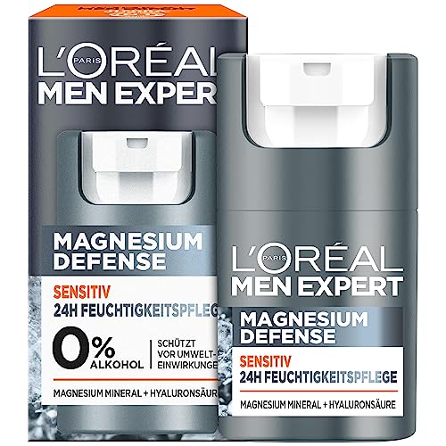 L'Oréal Men Expert Sensitiv Gesichtspflege für Männer, Beruhigende Feuchtigkeitscreme für empfindliche Haut, Gesichtscreme für Herren mit Magnesium und Hyaluronsäure, Magnesium Defense, 1 x 50 ml